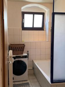 ein kleines Bad mit einer Badewanne und einer Waschmaschine in der Unterkunft Ferienwohnung Ida Pfeiffer in Eibenstock