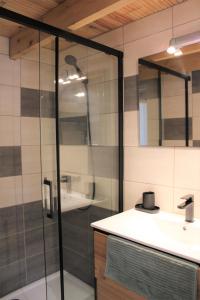 a bathroom with a glass shower and a sink at O'BERCAIL in Tournon-sur-Rhône