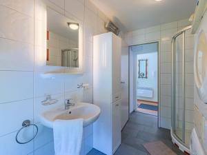 La salle de bains blanche est pourvue d'un lavabo et d'une douche. dans l'établissement Apartment Pacher by Interhome, à Gallizien