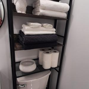 a towel rack with towels and a toilet in a bathroom at Stunning Modern Container Home on Golden Lake in Killaloe Station