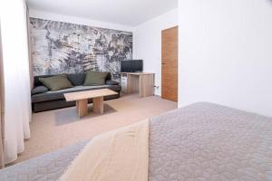 Apartments by Pyramide: Sylvestr في براتيسلافا: غرفة معيشة مع أريكة وتلفزيون