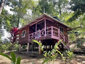 a large wooden house with a pink deck at Akwaba Lodge in The Gap