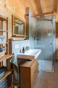 a bathroom with a sink and a glass shower at Holznest - dein Urlaub im gemütlichen Holzhaus in Schönau am Königssee