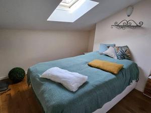 a bedroom with a large bed with a skylight at Sous les toits de Cahors in Cahors