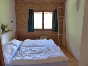 1 dormitorio con cama y ventana en Gasthaus Heiligkreuz, en Binn