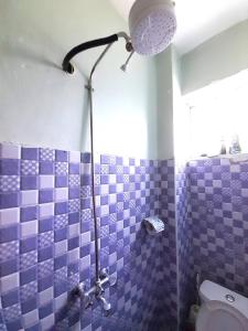 baño con paredes de azulejos púrpura y aseo en Urban Oasis, en Kakamega