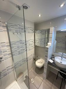 La salle de bains est pourvue d'une douche, de toilettes et d'un lavabo. dans l'établissement Apartamento t0 com vistas para o DOURO, à Vila Nova de Gaia