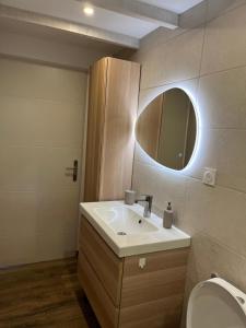 La salle de bains est pourvue d'un lavabo, d'un miroir et de toilettes. dans l'établissement Maisonnette avec petite forêt, à Valréas