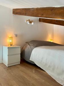 1 dormitorio con 1 cama y mesita de noche con lámpara en Maisonnette avec petite forêt, en Valréas