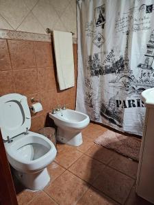 y baño con aseo, lavamanos y cortina de ducha. en La Herradura de Ushuaia en Ushuaia