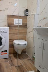 La petite salle de bains est pourvue de toilettes et d'un lavabo. dans l'établissement SET apartment, à Sarajevo