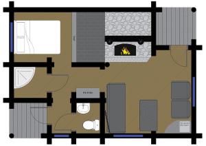 a floor plan of a house with a fireplace at Log Cabin in Kuldīga