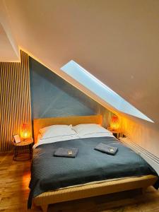 a bedroom with a large bed with a slanted roof at AyCatcherHomes Top Lage charmante Atmosphäre in ruhiger Altstadt Marburgs Apartment Sirius in Marburg an der Lahn