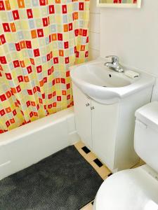 a bathroom with a sink and a toilet and a shower curtain at Stylish Montreal Apartment: Comfortable Stay in the Golden Square Mile in Montreal