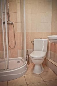 un baño con inodoro y ducha en HOSTEL 24, en Bydgoszcz