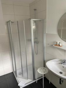 een badkamer met een douche en een wastafel bij Hotel Zum Großen Krug in Wirdum