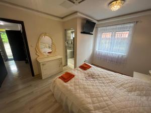 1 dormitorio con 1 cama grande y espejo en Star Street Home, en Mosonmagyaróvár