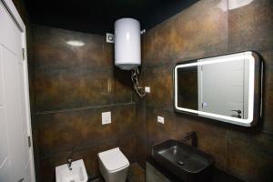 uma casa de banho com um WC, um lavatório e um espelho. em Luxury Apartment at Condor Center em Tirana