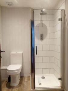 a small bathroom with a toilet and a shower at Newlands Holidays in Bridport
