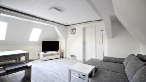 sala de estar con sofá y TV en Zwei Ferienwohnungen in Randersacker, en Randersacker