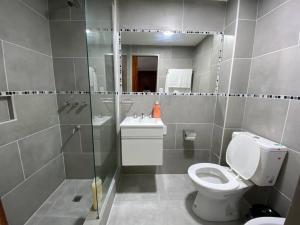 a bathroom with a toilet and a shower and a sink at Cares Apartament Castelar in Castelar