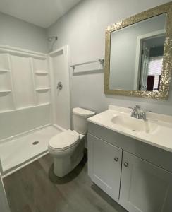 a bathroom with a toilet and a sink and a mirror at The Oasis in Sanford