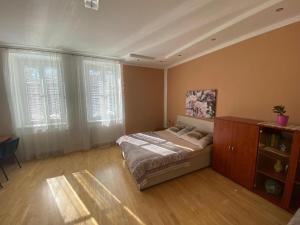 a bedroom with a bed and a dresser and two windows at Holičák in Olomouc