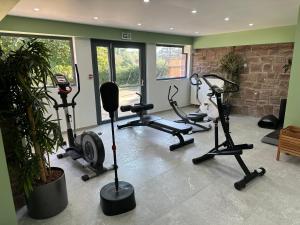a gym with several treadmills and exercise bikes at Hôtel parc & spa Les cigognes in Albé