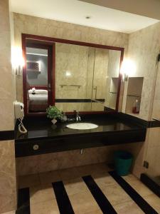 Ruey's Homestay, Cinta Ayu, Pulai Spring في سكوداي: حمام مع حوض ومرآة كبيرة