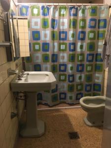 a bathroom with a sink and a shower curtain at TERRAZAS DEL SUR in Ezpeleta +39 photos