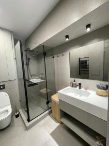 Un baño con ducha, lavabo e inodoro. en Fresh central apartment, en Tashkent