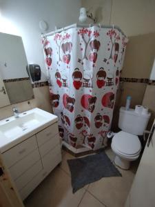 a bathroom with a toilet and a shower curtain at Como en casa Hostel in Posadas +23 photos