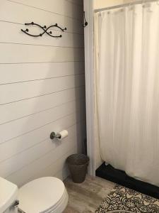 een badkamer met een toilet en een douchegordijn bij Cozy Cottage on the Lagoon 