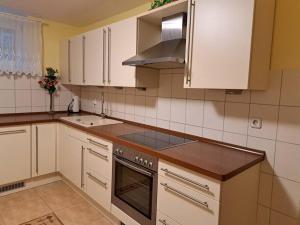 a kitchen with white cabinets and a stove top oven at Schöne 2 Zimmer Wohnung in Fürth