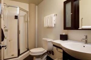 a bathroom with a toilet and a sink and a shower at Hotel Clemons in Chattanooga
