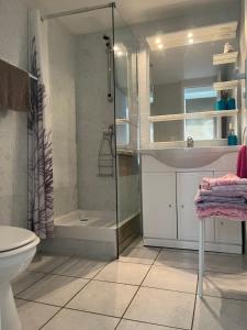 ル・ラヴァンドゥーにあるLes Restanques du Sudのバスルーム(シャワー、洗面台、トイレ付)