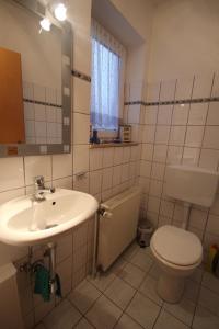 y baño con lavabo, aseo y espejo. en Ferienhaus Höller en Grömitz