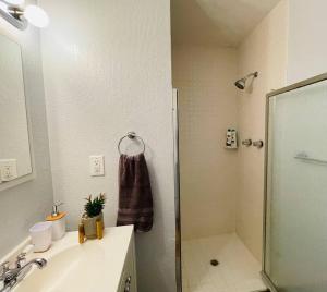 a bathroom with a shower and a sink and a mirror at Artists Condo GAME ROOM Patio near UC Med Center in Sacramento +16 photos