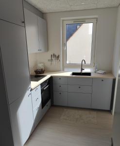 a kitchen with white cabinets and a sink and a window at Aalborg City Rooms ApS in Aalborg