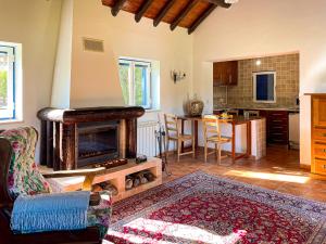 uma sala de estar com lareira e uma cozinha em Quinta do Cutato - Soba Guest House em Santo Estêvão