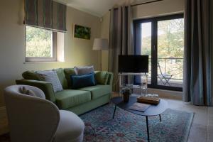 sala de estar con sofá verde y TV en Domaine La Buissonnière, 