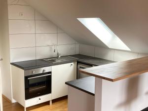 a kitchen with a stove and a sink and a skylight at Ferienwohnung Jeßberger in Bad Königshofen im Grabfeld