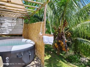 a bath tub hanging from a palm tree with a towel at La petite sucrerie in Le François