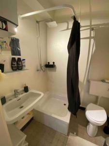 a bathroom with a sink and a toilet and a tub at Middle of the city center, with balcony in Hannover