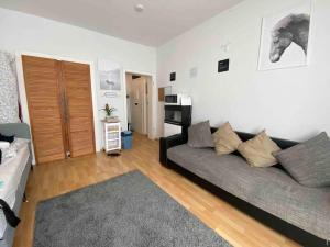 a living room with a couch and a television at Middle of the city center, with balcony in Hannover