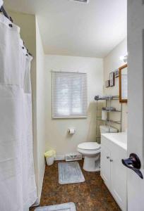 een witte badkamer met een toilet en een wastafel bij Peaceful Suburb Home mins from RIT/Airpt/DWTN in Henrietta