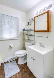 een badkamer met een toilet, een wastafel en een spiegel bij Peaceful Suburb Home mins from RIT/Airpt/DWTN in Henrietta