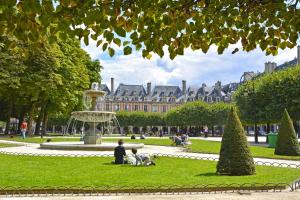 una persona sentada en la hierba en un parque con una fuente en Charming 1 Bedroom Marais Hideaway - FB17A, en París