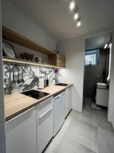 a kitchen with white cabinets and a counter top at Studio with a view on City center park in Maribor