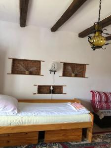 1 dormitorio con cama y lámpara de araña en Facilitati cazare Raluca, en Viscri